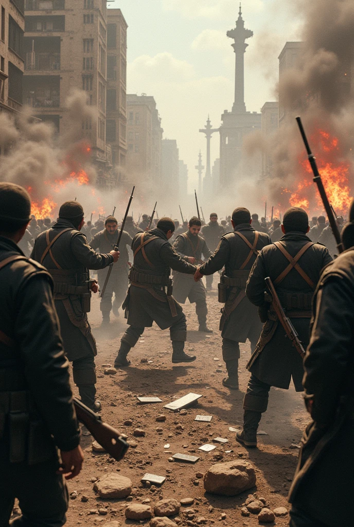 Group of prople with islam culture and christians war against each other