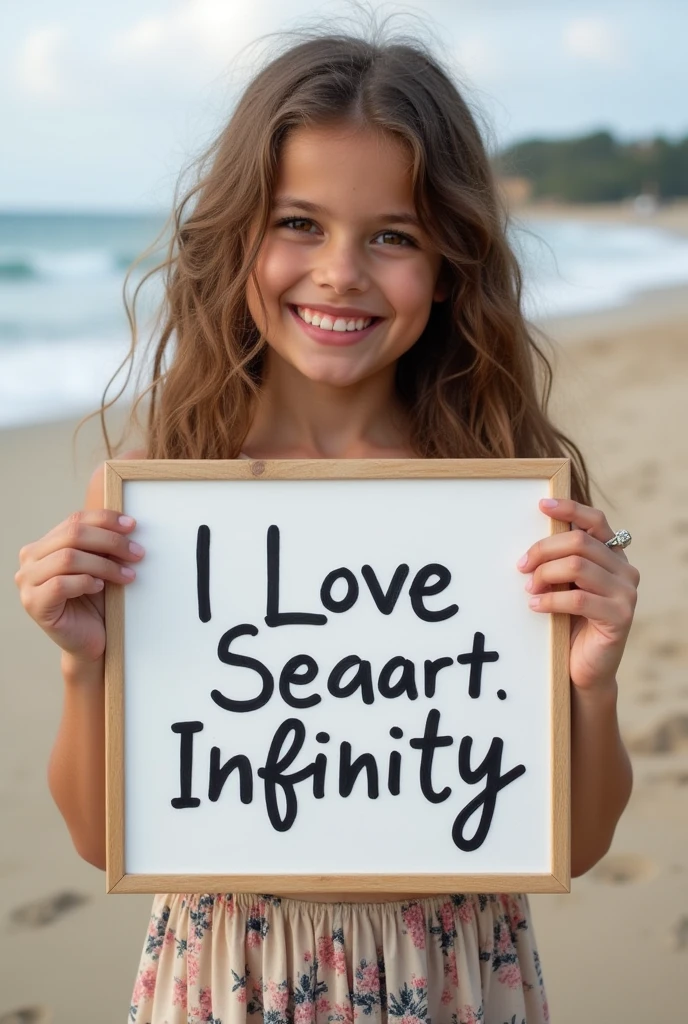 Beautiful girl with wavy long hair, bohemian dress, holding a white board with text "I Love Seaart Infinity" and showing it to the viewer