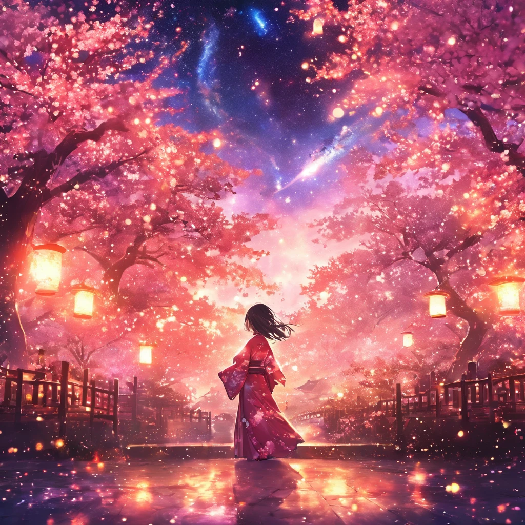 masterpiece, Concept Art, Panorama, in the center, shape, Wide Shot, flower garden, ,stardust, night, (meteor), Space galaxy background, (Great composition, Epic scale), Dynamic Lighting, Bright colors, cherry blossoms,A girl wearing a kimono,garden