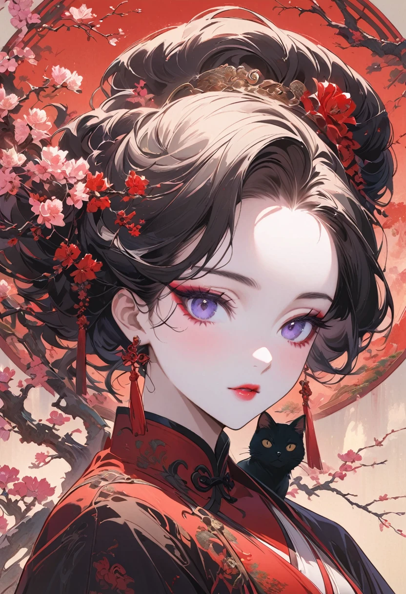 Portrait of an ancient Chinese beauty,
with white skin and purple and black eye
makeup,
with cherry blossoms in the background
wearing a red dress,
in the style of a Chinese illustration,
with dark white and light gray colors,
with black cat,
an elegant portrait,
charming characters in the style of anime,
and an ink painting