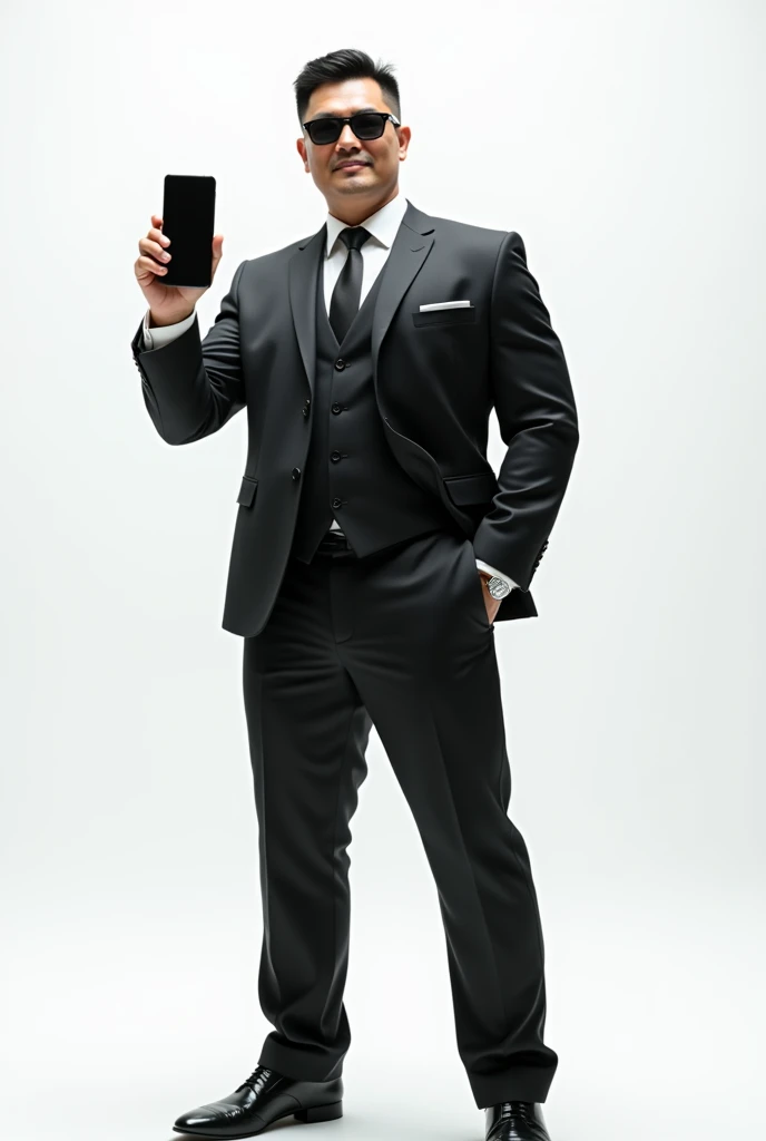 Asian strong buff man(He is strong,buff,confident, wears a suit and sunglasses and look fearless.)hand up phone with white background