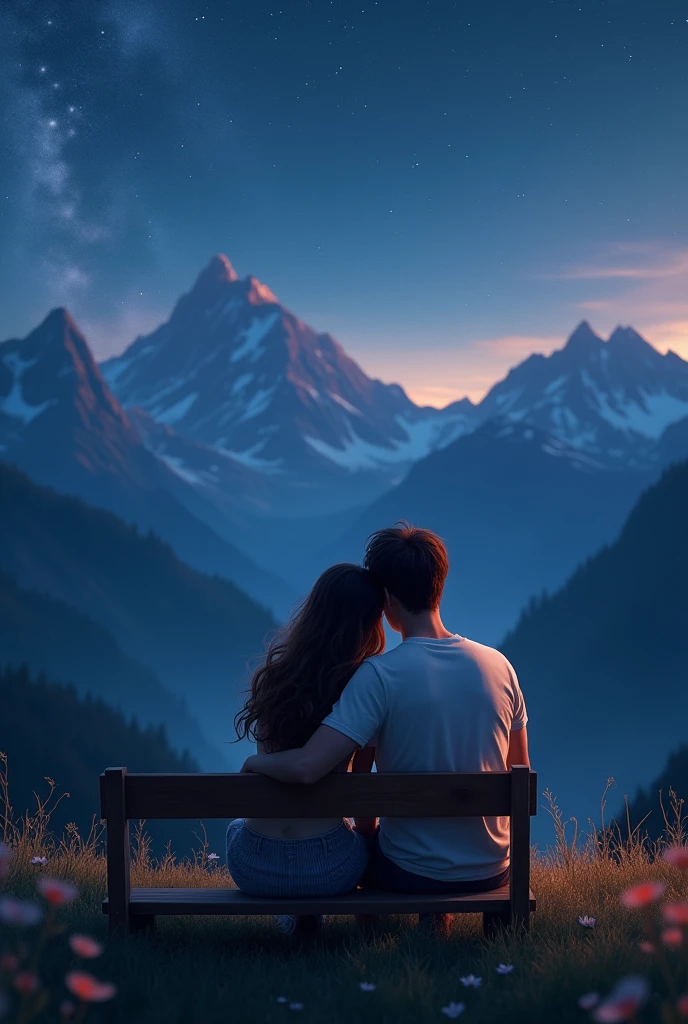 Beautiful girl with wavy long hair, with her boyfriend on the mountain at night siting on bench