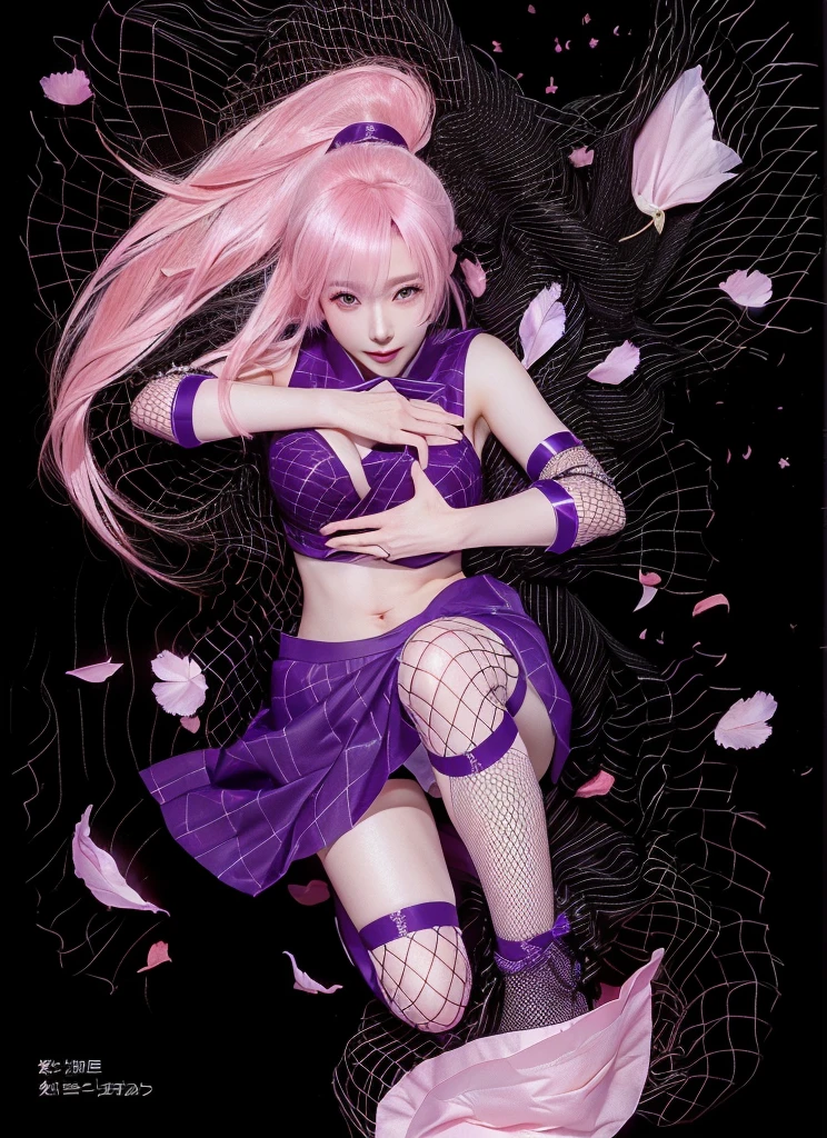 Images of women in their 50s wearing short skirts and fishnet stockings, sakura petals around her, Inspired by INO, Stop 4 *, Stop 4, Photorealistic anime girl rendering, Anime Girl Cosplay, Anime Pose, ( ( Stop 4 # ) ), 🌺 society, Enchanting anime girl, Cute 3D anime girl render