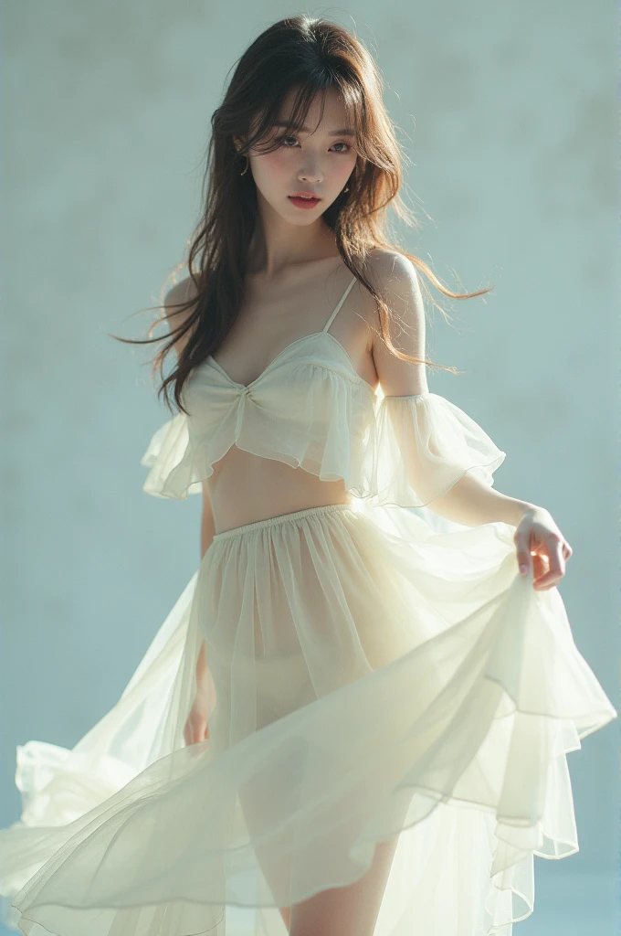 Beautiful girl, in white stockings, in a transparent skirt, 4k