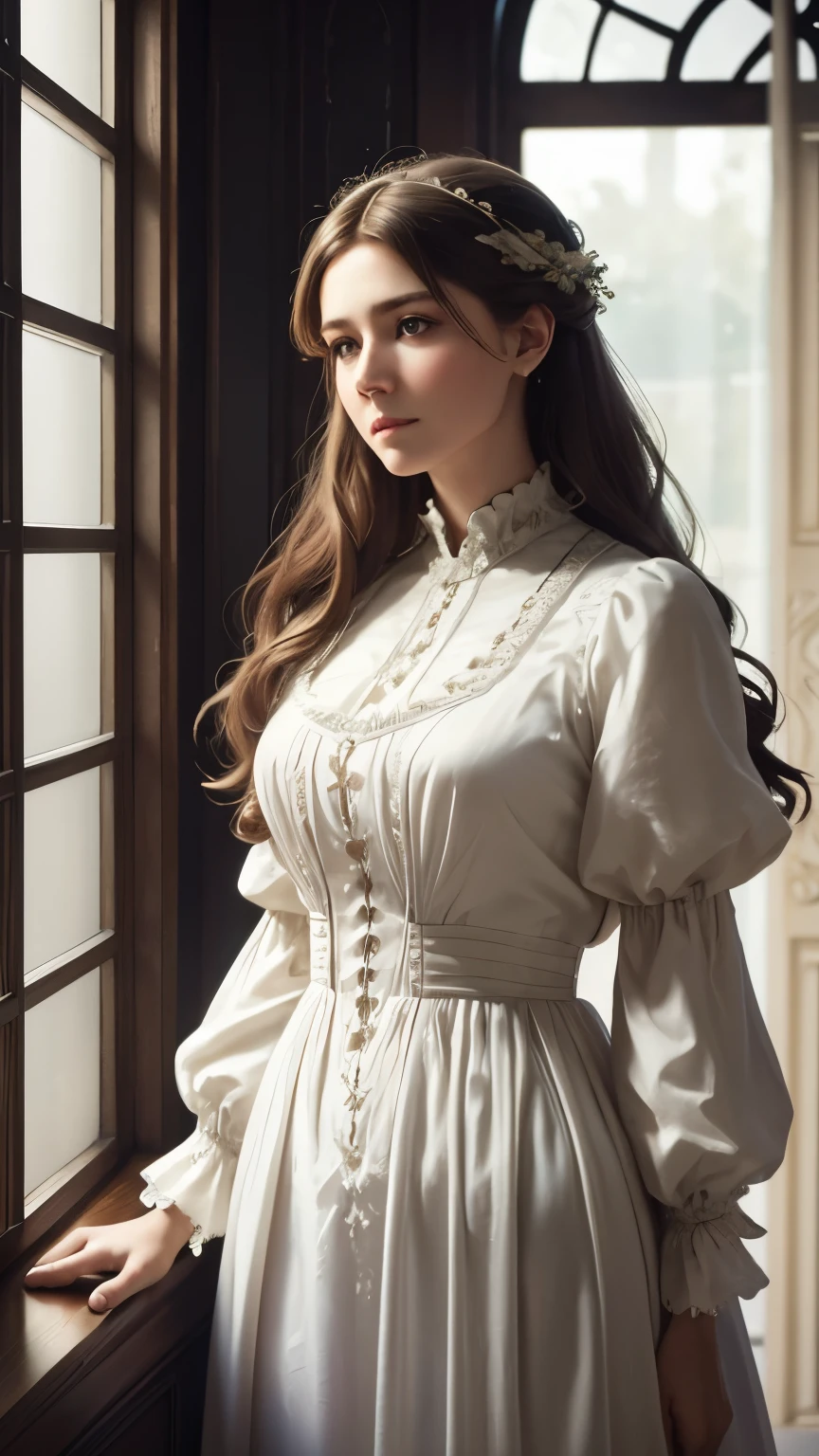 a woman standing next to window, beautiful long white dress, thoughtful expression, white russian clothes, victorian, realistic, photorealistic, HDR, UHD, studio lighting, ultra-fine painting, sharp focus, physically-based rendering, extreme detail description, professional, vivid colors, bokeh, inspired by alexandre cabanel, shutterstock, beautiful, photo of a beautiful
