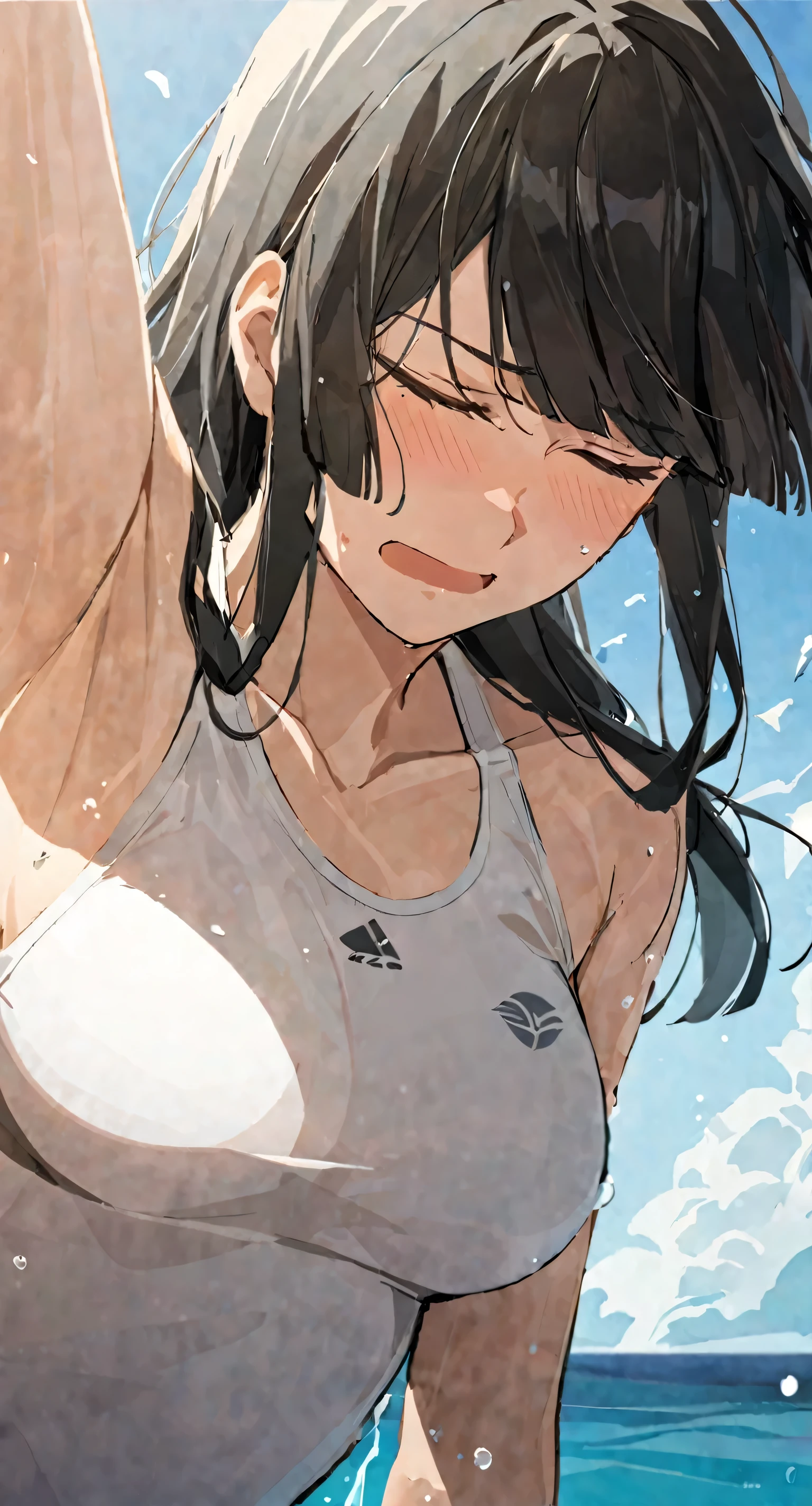 masterpiece,best quality, solo, eda, bangs, black hair, upper body,blue sky,cloud, shy expression, medium breast, hot, thicc, swimsuit , ocean, water, she is shy, embarrassed , she is embarrassed, dynamic pose, close shot, upper body, dynamic pose, chest up, close eyes, she is focused, serious, lifting her chest up