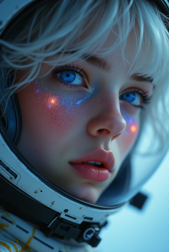 (Close-up of a better masterpiece:1.5)0.9], (Space and astronauts:1.2) (Messy silver hair:1.1) (Heterochromia xanthochromia and blue eyes:1.2) (Space Helmet:1.0) (Colored stars in the eyes:1.0) (A radiant glow:1.1) (thick lips:0.9)