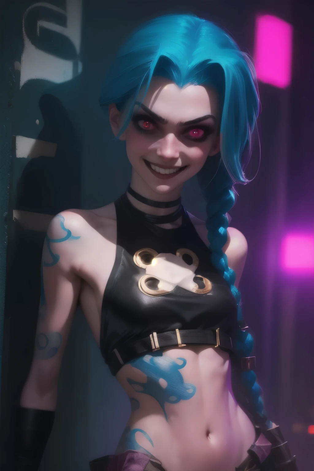 Hyper realistic super detailed Jinx cosplay , (( girl, 15 yeery detailed, (hyper realistic: 1.4), in dynamic pose, (((psycho face, evil, creppy smiling))), twin braids, long hair, blue hair, red eyes, tattooed, ((skinny Body)), ((angry face)), arcane style. ((Cinematic neon graffiti on wall,  cinematic lighting)).