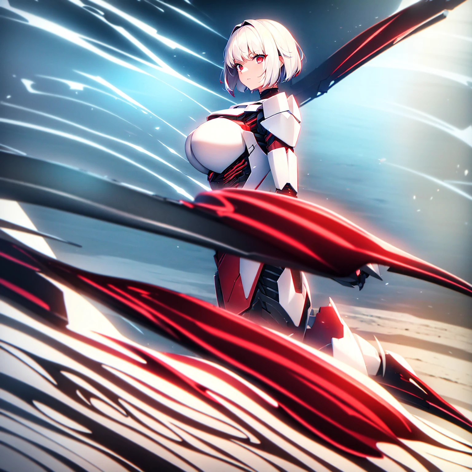 (girl)(white short hair)(red eyes)(Driving a large exoskeleton armor)(Cool battle scenes)4K