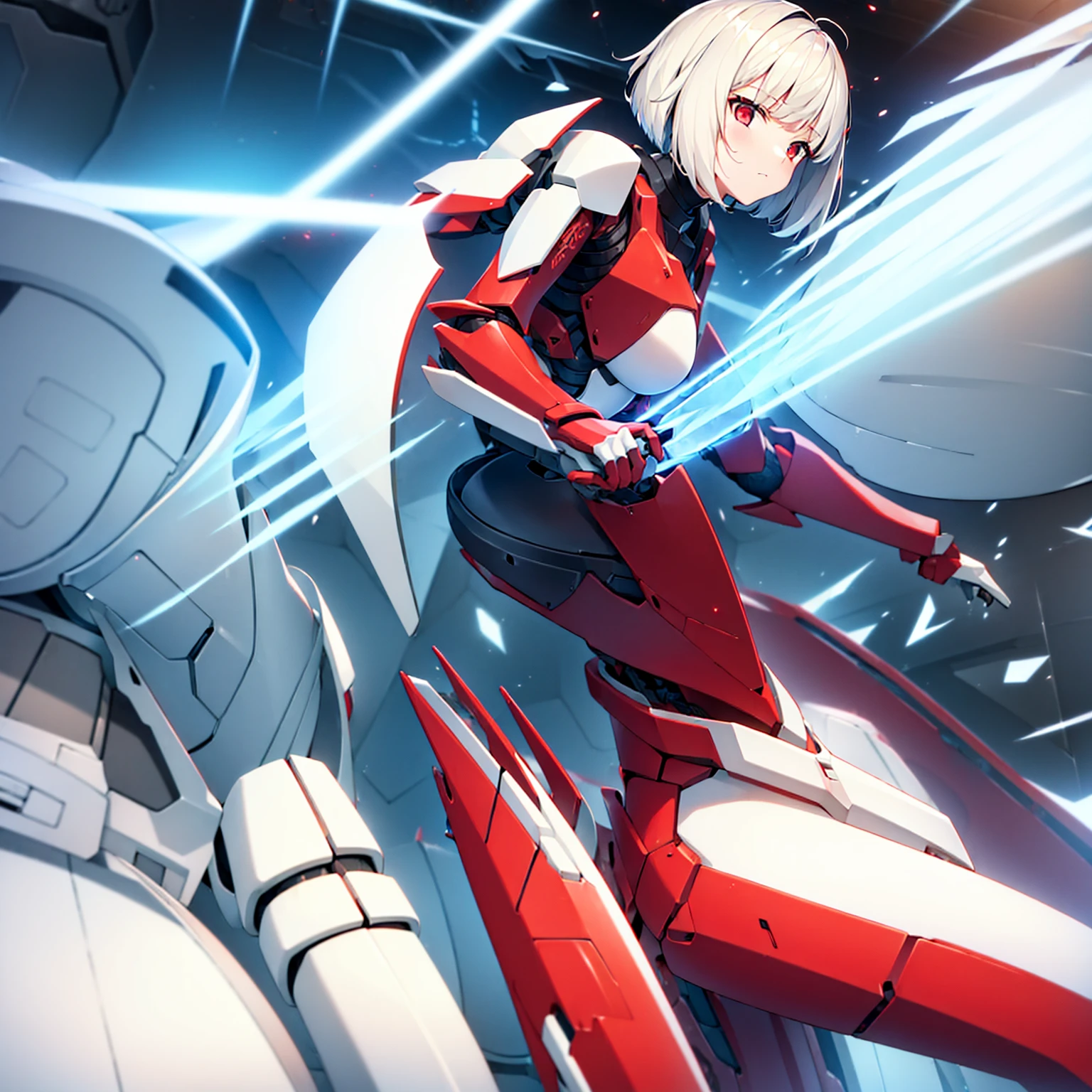 (girl)(white short hair)(red eyes)(Driving a large exoskeleton armor)(Cool battle scenes)4K