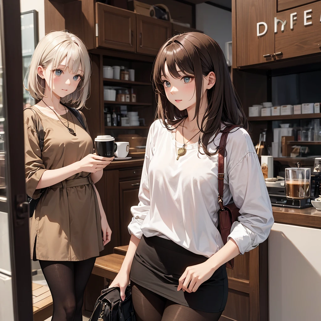 A simple yet stylish dark green shirt,革製のBrownエプロン,Coffee bean shaped pendant,Coffee-colored（Brown）Hair color with highlights,masterpiece, Lovely lady, 18-year-old, Gray Hair, White skin, (pantyhose:1.3)