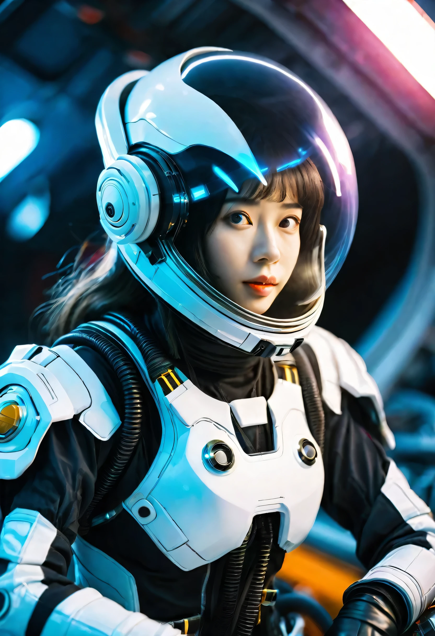 Candid photo of a female engineer repairing the engine of a huge spaceship, Wearing a tight futuristic space suit, masterpiece, (Beautiful and big eyes:1.1), Intricate details, Very complex iris, close, Neon Light, thick smoke, Cyberpunk atmosphere, Flash lighting, Shot with a Bolex H16, Expired Ektachrome film