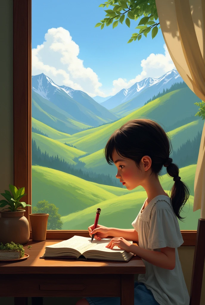 Generate image of a girl writing a book called
Echoes of the hills