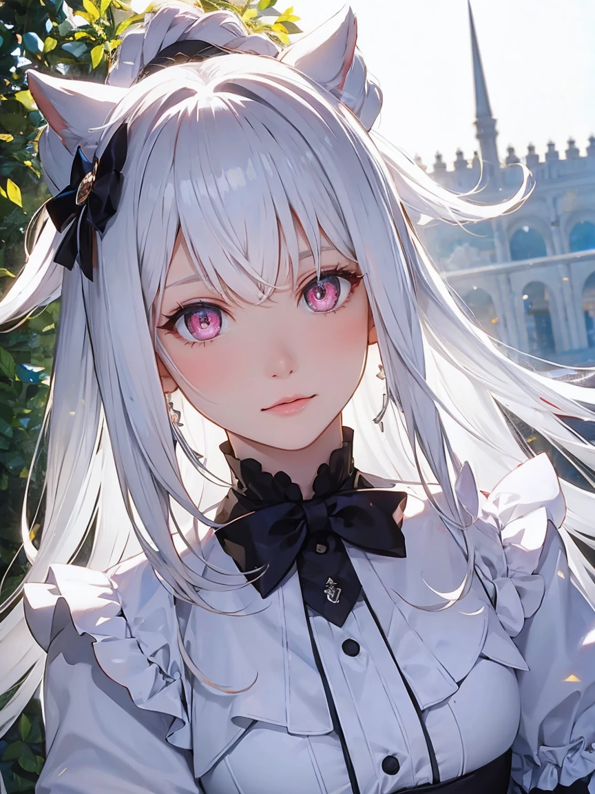 One girl,  White medium hair, Center parted hair, White Dress,  (Detailed pupils, Pale pink eyes,Symmetrical eyes )Black thin ribbon, garden, noon, city, blue sky, beautiful, Dramatic Light, Strong Shadows, Nice views, Depth of written boundary, Cinema Lighting, ((masterpiece)), Attention to detail, high quality, 最high quality, High resolution, Staring at the audience,