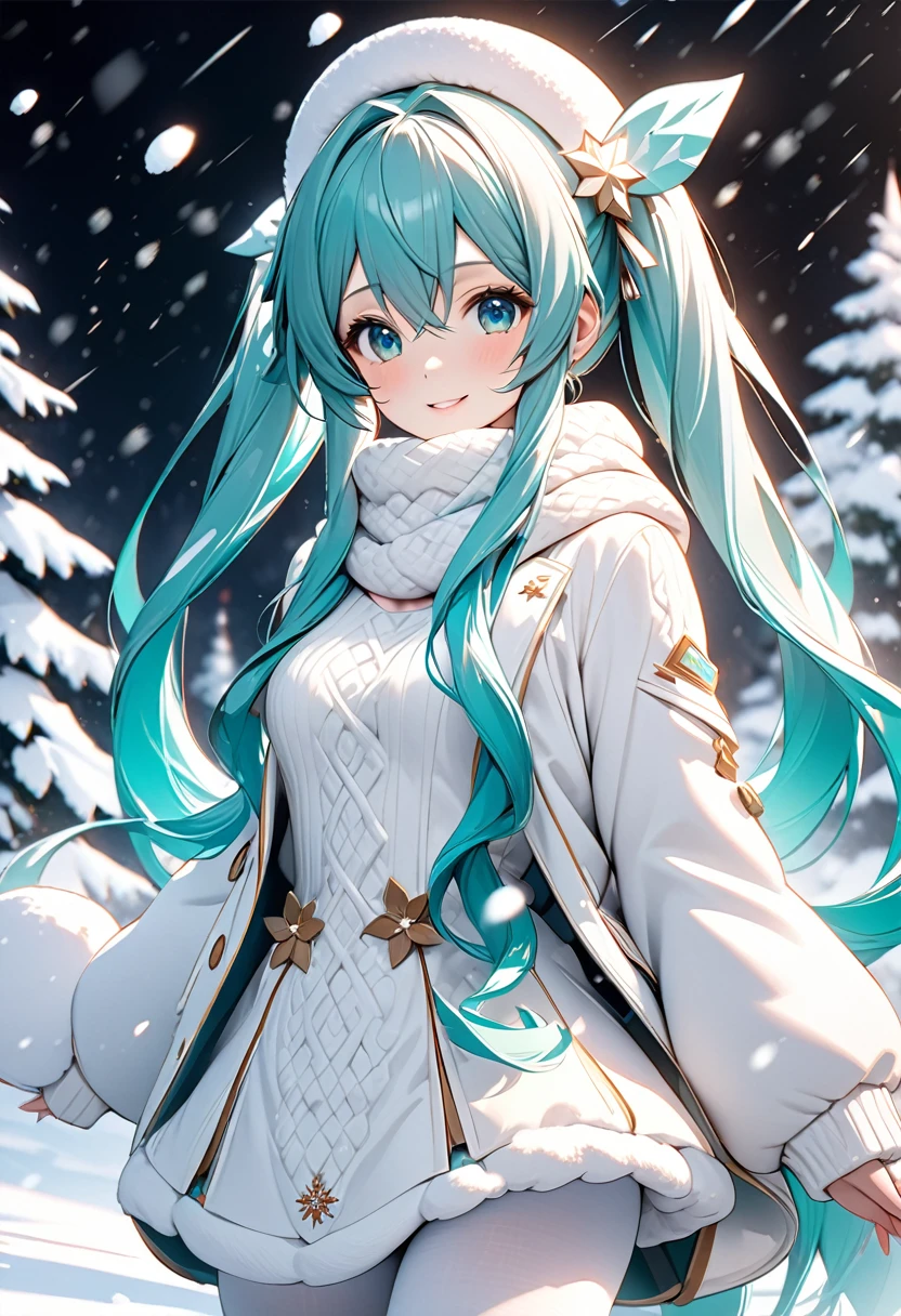 Fantasy CG digital art,A drawing of Hatsune Miku in a fantastical snowy world.Miku is wearing a cute, soft white hat with fluffy white fur Wear a cute outerwear with fur that blends in with the white snowy scenery.She is wearing a white turtleneck sweater and a scarf the same color as her hair.Wearing white tights and cute white boots,The snowy scenery transforms Miku into a stunning beauty, with her breathtakingly beautiful white skin and eyes, her fantastical figure,The falling snow transforms Miku into a snow fairy.Miku is smiling and looking at the camera.Cowboy Shot,High quality, high quality, (masterpiece, best quality, 4k, 8k:1.5).Ultra detail,Ultra-fine painting, physically based rendering, dramatic lighting, fantasy effects,Professionally shot, award-winning,