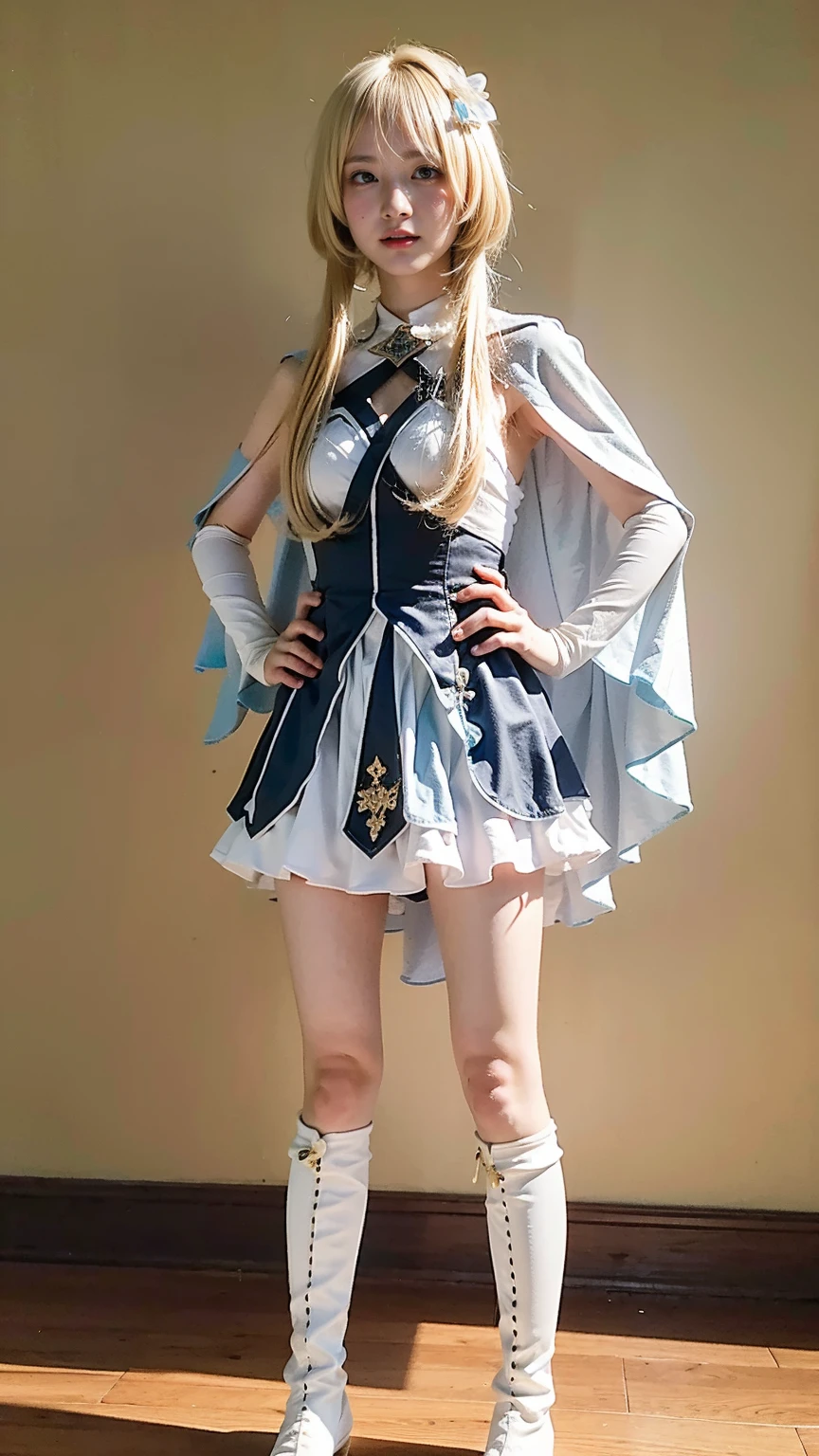 (8k、RAW Photos、Highest quality、masterpiece:1.2)、(Realistic、Realistic)、1 girl、((Blonde、White and light blue、Frills、Cape、mini skirt、Thin legs、whole body、boots、View from the front、Looking into the camera、Stand with hands on hips))、cute