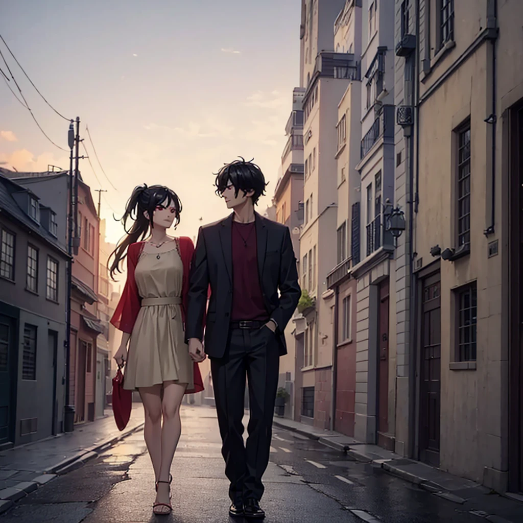 a man together with a Indian woman (eye red) in casual clothes, walking in a modern city at sunset