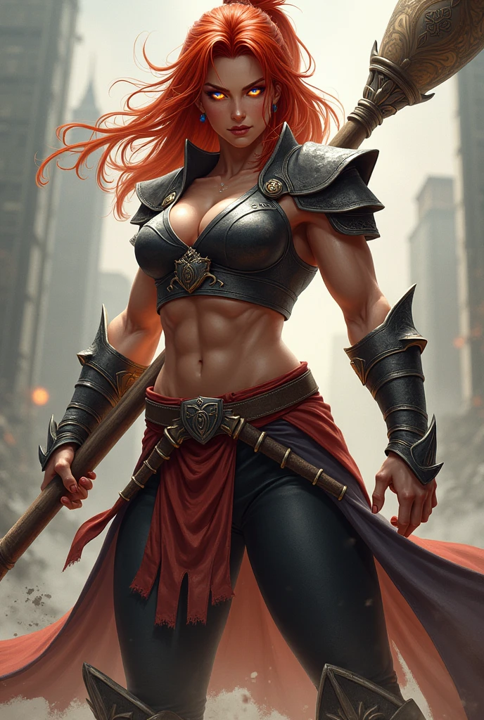 Red-haired Thao Wessuwan, muscular, holding a baton, with fiery blue eyes.