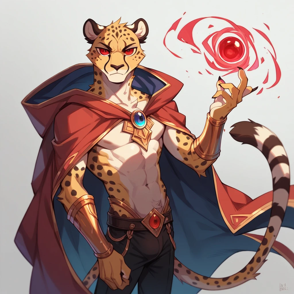 Furry ((anthro)), slim build, God, wearing silk clothes, male, hi res, vibrant, cinematic, ((three eyes)), cheetah, cloak, (perfect red eyes), (((shadow magic))), (suggestive pose), fur, tight clothing