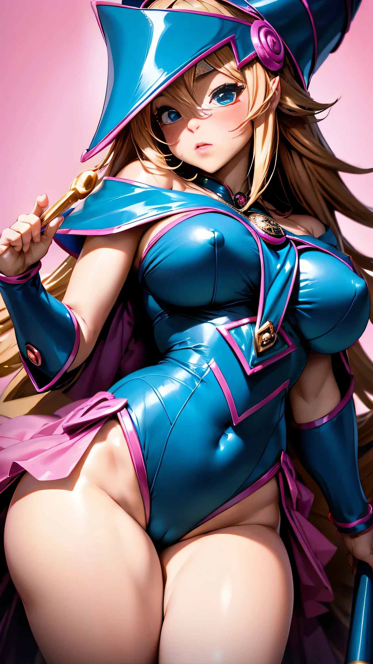 black magician girl、super chestousthick、by rubio、magic circle、8k, 4k, of the highest quality, High resolution: 1.2),flicker、an exposed breast、cute anime face、pink blush on the cheeks.、noise removal、Leotard that bites、have a cane、Hold your cane、