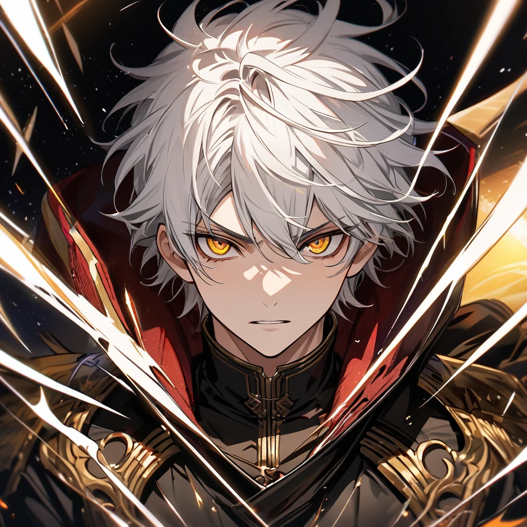 High quality, HD, 4k, no shadows, handsome male, 1male, 17 years old, teenager, short white hair, silver hair, white hair, sharp eyes, dark golden colored eyes, deep golden eyes, dark gold eyes, gold eyes, devil may cry, close up, calm expression, stoic expression, black leather clothes, white leather clothing, lean body, well trained body, upper body, looking at viewer, cowboy shot, white solar, space background