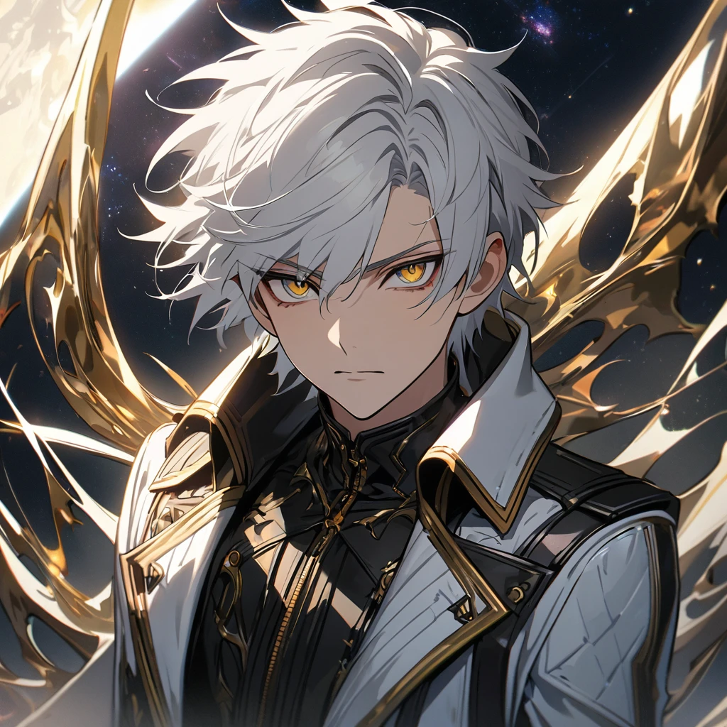 High quality, HD, 4k, no shadows, handsome male, 1male, , teenager, short white hair, silver hair, white hair, sharp eyes, dark golden colored eyes, deep golden eyes, dark gold eyes, gold eyes, devil may cry, close up, calm expression, stoic expression, black leather clothes, white leather clothing, lean body, well trained body, upper body, looking at viewer, cowboy shot, white solar, space background