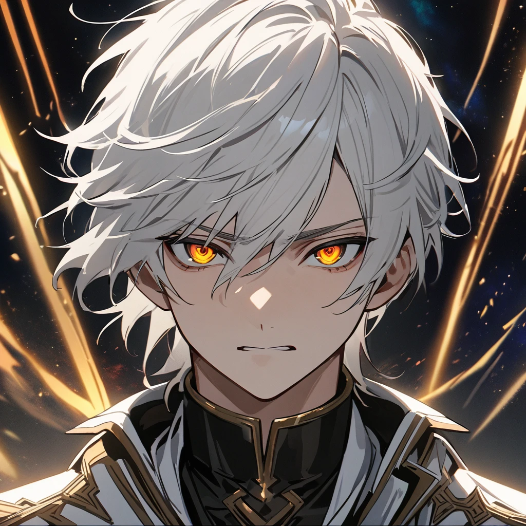 High quality, HD, 4k, no shadows, handsome male, 1male, , teenager, shwhite hair, silver hair, white hair, sharp eyes, dark golden colored eyes, deep golden eyes, dark gold eyes, gold eyes, devil may cry, close up, calm expression, stoic expression, black leather clothes, white leather clothing, lean body, well trained body, upper body, looking at viewer, cowboy shot, white solar, space background