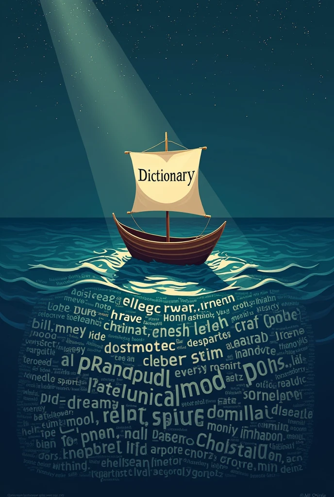 Typography Poster of Dictionary, A small boat carrying a big book written "Dictionary" is moving through the sea, illuminated by a spotlight, many words floating on the sea, reading "love peace hate war dream hope despair justice truth hypocrisy friendship money art music sports life betrayal regret" with the text arranged to form the sea on the bottom half of the poster