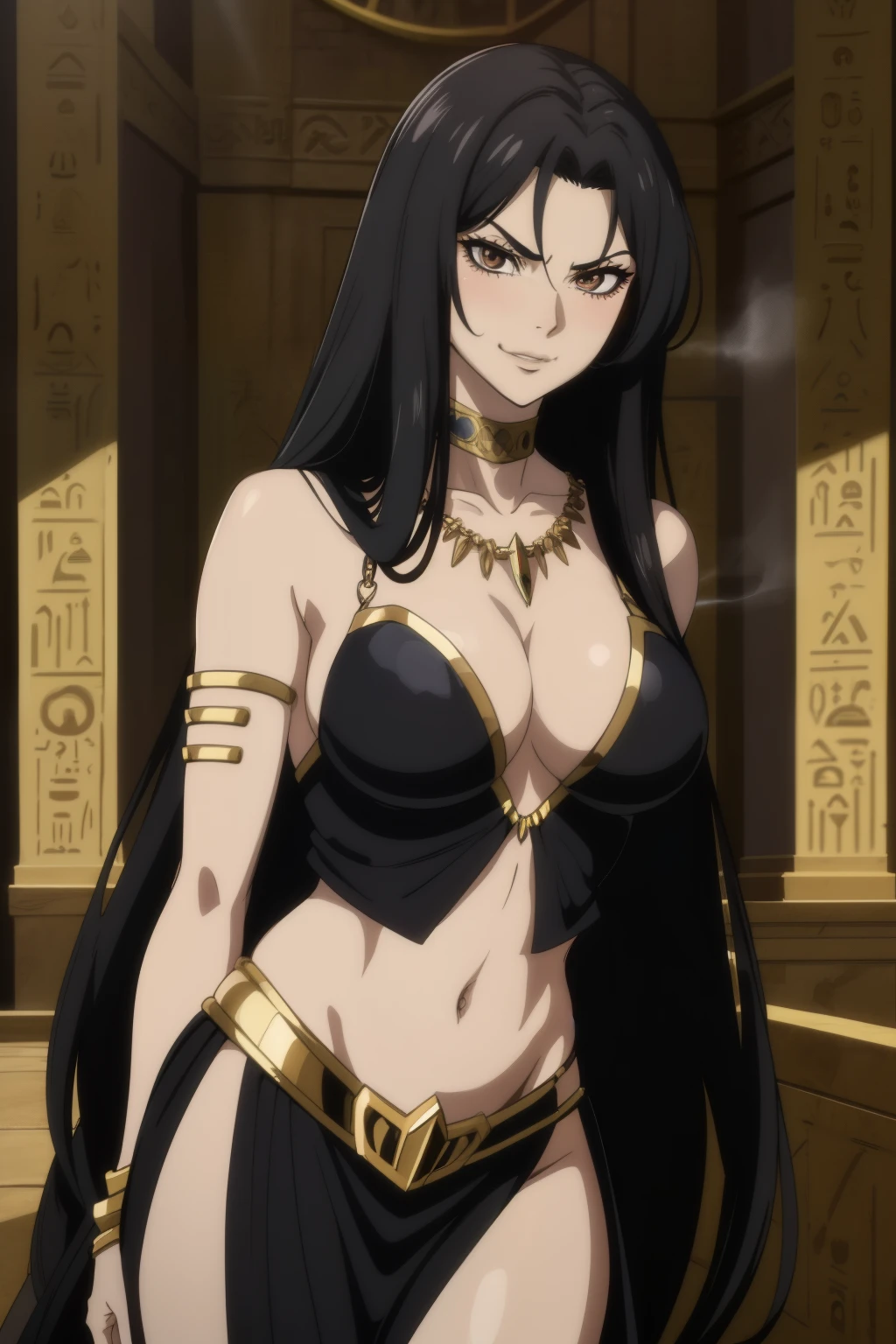 Pandora Saint Seiya, 1girl, dark brown eyes, black hair, necklace, long hair, black collar, blush, lipstick, long hair, crazy eyes ,Hot girl, baddie, staring, glaring, bad attitude, mean girl, crazy, smoking, sensual, attractive, masterpiece, best quality, highly detailed ,glint,halterneck,gold_choker, complex detailed background,
inside, stone wall, ancient interior, ancient egyptian room, hieroglyphs, dark lighting, dark
atmosphere, (cowboy shot), holding a sword, sword, belly_chain,harem_outfit,navel, necklace,
pelvic_curtain,revealing_clothes, veil，masterpiece,best quality,1girl,mature,evil smile, smile,
female,mature,necklace,pendant, (nsfw) not safe for work, exposed belly, exposed navel, exposed
midriff, exposed lower belly