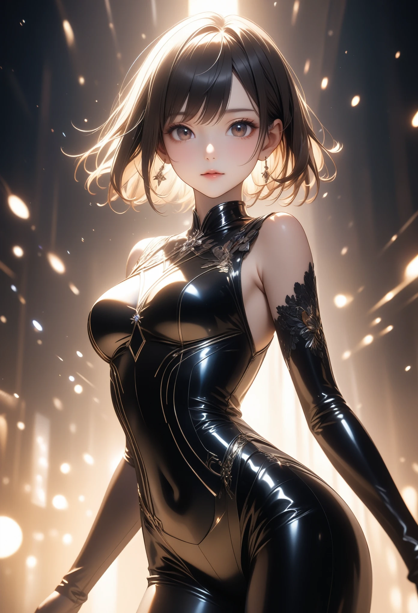 Official Art, unity 8k wallpaper, Very detailed, masterpiece, Highest quality, 1 female, (Very detailed),(RAW Photos、Highest quality)、(Realistic、Realistic:1.3)、Attention to detail、顔のVery detailed複雑な 3D レンダリング、(Very detailed肌:1.2)、Dynamic Angle, Professional Lighting, Side light, Cinematic Light, Ultra-high resolution, 8k , Film Grain,Best Shadow, Particles of light, Fine skin, Detailed face, Intricate details, Very detailed, Shine, whole body, Beautiful Face、Blurred Background、Adult female、, ai-generated,Shiny Costumes, skindentation,