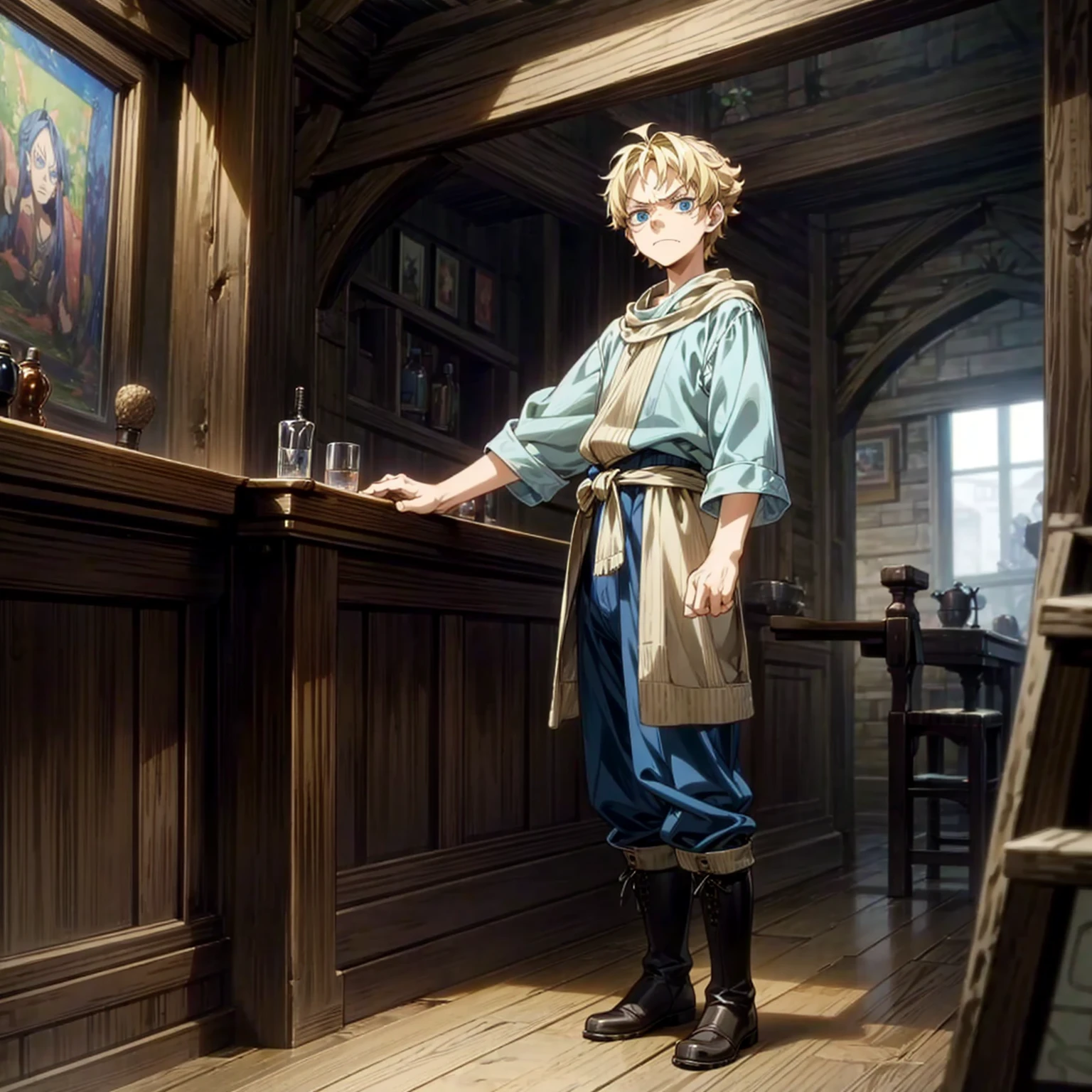 Solo character, full body version, kid boy, blue eyes, blonde color hair, short curly hair, casual clothing, boots, indoor, bar, village, medieval, morning, standing gesture, detailed background, detailed clothing, detailed hair, angry eyes, (one piece style art)