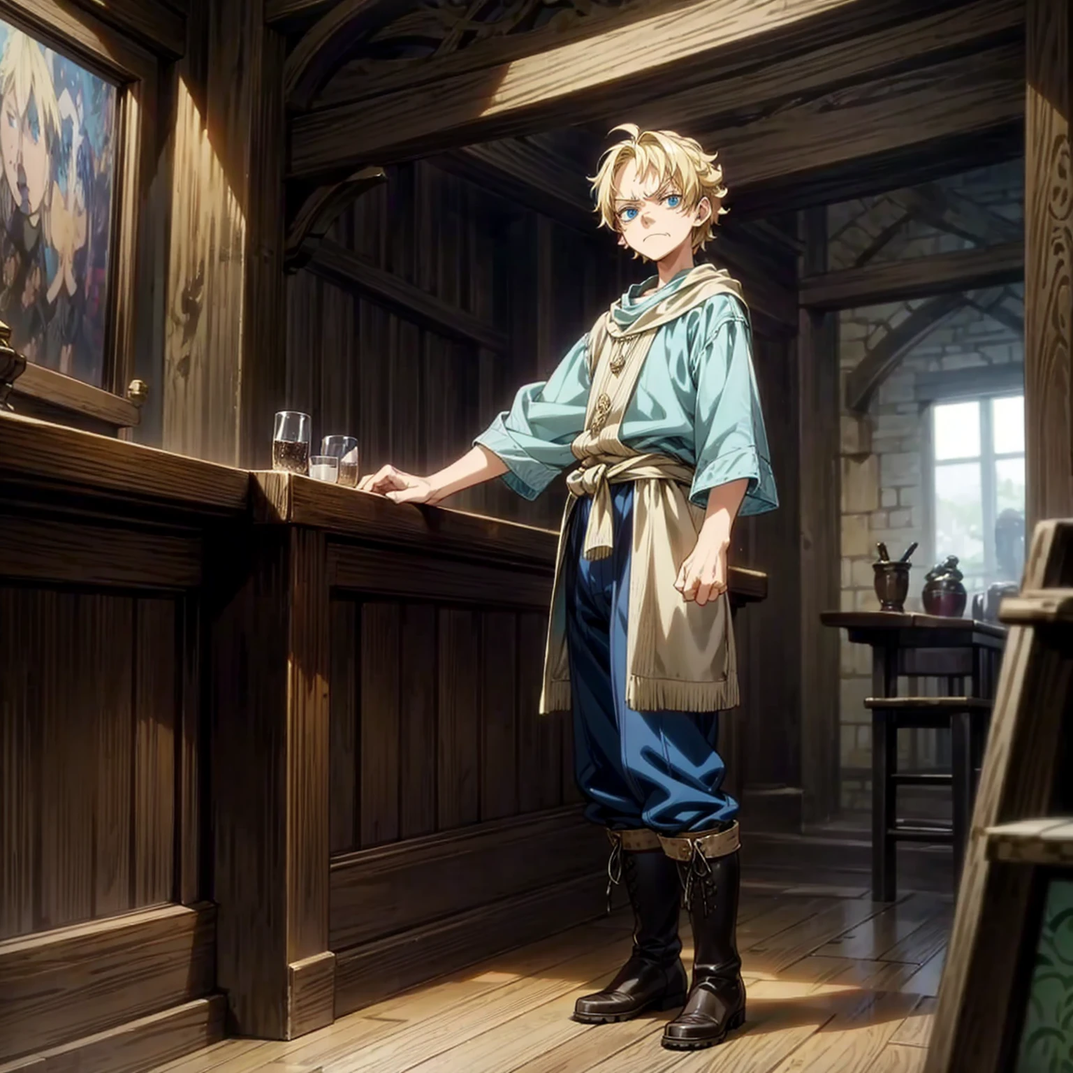 Solo character, full body version, kid boy, blue eyes, blonde color hair, short curly hair, casual clothing, boots, indoor, bar, village, medieval, morning, standing gesture, detailed background, detailed clothing, detailed hair, angry eyes, (one piece style art)