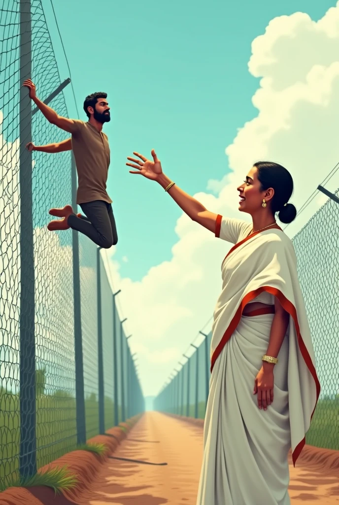 Mamta benergee in at bangladesh boarder wearing white saree and remove the bar hanging rope taken the bangladeshi man hanging over the fencing wire and show her hand to bangaladeshi man with big beard hand grab him over the fencing with mercy hand given him into the Indian boarder funny image cartoon character
This is the good image you provide more image provide please the man hanging from outer side