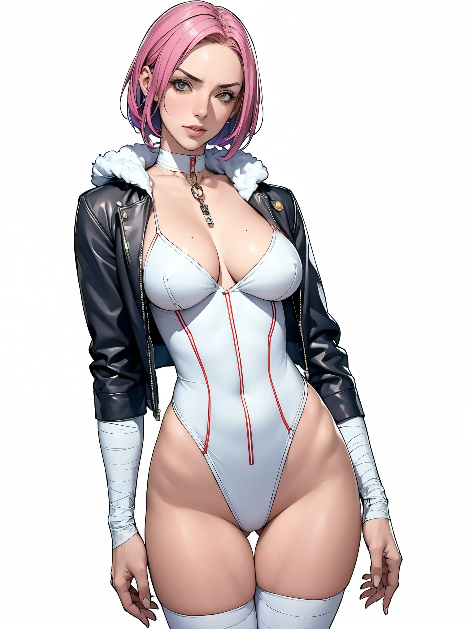(((Annie Lennox))), (((colorful suit))), (scars), (((bandaged arms))), (((colorful clothes))) (( hood)), (((best quality: 1.4))), (Unbeatable masterpiece), (hyper HD),(CG 8k hyper-realistic), beautiful face, (((breasts big))), (((hyper feminine))), sexly girl, ((round face)), black tattoo,（ultra short red hair with white highlights)), ((( sculptural body ))), (((1 Kizi))), Kizi tatuada de 25 anos com perfect body,,Beautiful and well-groomed face, (round face), muscular body:1.2,solid color detailed jacket, (Head to thigh photos)， Complex equipment, ，Tight clothes，With white stars and off-white stripes,,,,,Armor Metal Electronic Parts, Poison tattoos ) INFO, Kizi, (((standing alone))), , 24歳, sexy, pose de attitude, work of art, dancing, ((slight smile)), post-apocalypse, (((manga style))), bounty hunter, the way you want, perfect body, roupa moderna, advanced technology, white, yellow accent, black, red accent, fur collar jacket, sleeves with vertical striped pattern, background city, (( cowboy shot )). intricate visual, narrow waist, (((wide hips))), wide hips, fit thighs, (((thigh gap))), Thigh gap, background shows a futuristic airplane, open expression, expression happy