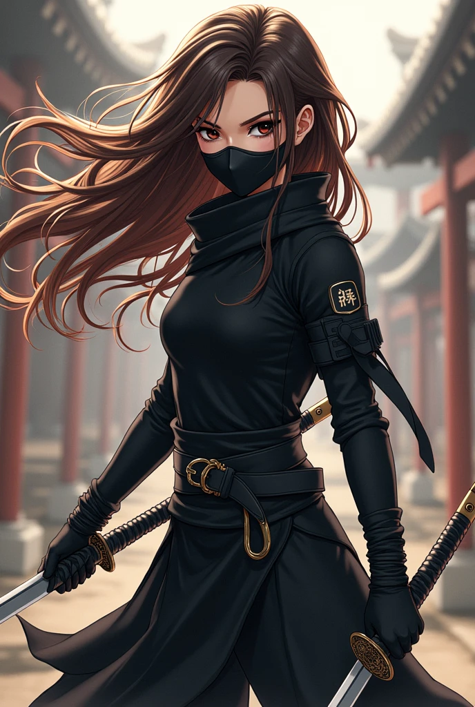 Anime girl who is a ninja,wear two katanas,wear a ninja outfit and and gloves,has brown hair and wear a mask