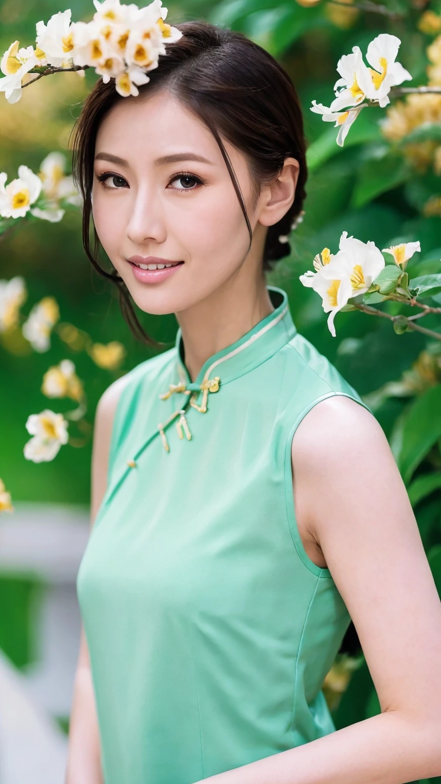 1 fashion model 18 years old [[[[close up]]]], [[[[neck]]]], [[[[Shoulder]]]], (((Complete head)))，(((Complete hairstyle)))，Perfect eyes, Perfect Iris，Perfect lips，Perfect Teeth，Perfect skin，White skin，Soft headlight，High-density imaging，（Clean and delicate face），((Light cheongsam))，((Various dynamic poses))，((Background with flowers and green trees))，best quality，masterpiece，（Soft colors：1.2）