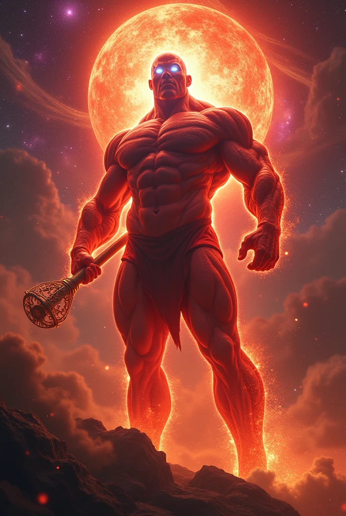 A red giant with muscles, holding a baton, with fiery blue eyes.