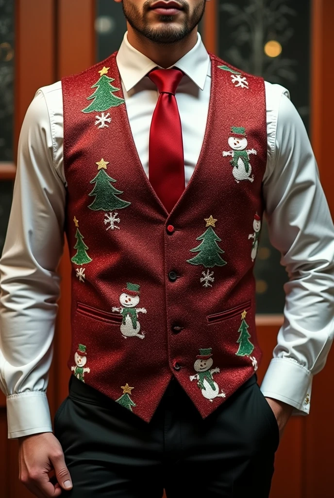 Design Name: Merry Christmas Suit Vest Design Description: 这款圣诞快乐西装马甲融合了传统西装的Design elements和圣诞节的欢乐氛围,Allows the wearer to show a unique sense of fashion and festive atmosphere at holiday parties or celebrations。
Design elements:
Christmas themed decorations: Add Christmas-themed decorations to the suit,Like a little snowman、Christmas tree、gift box etc.,Decorated on the vest,adding to the festive ambiance。
Shiny elements: Add sparkly sequins、Beading or gold and silver thread,Make the vest sparkle in the light,Increase the festive atmosphere。
Snowflake pattern: 在马甲的背部或领口等位置设计精致的Snowflake pattern,In line with the Christmas season。