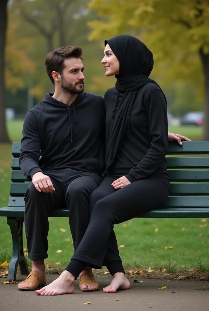 with black headscarf, barefoot, black sweatpants, braless woman, Sitting on her boyfriend's lap in the park bench