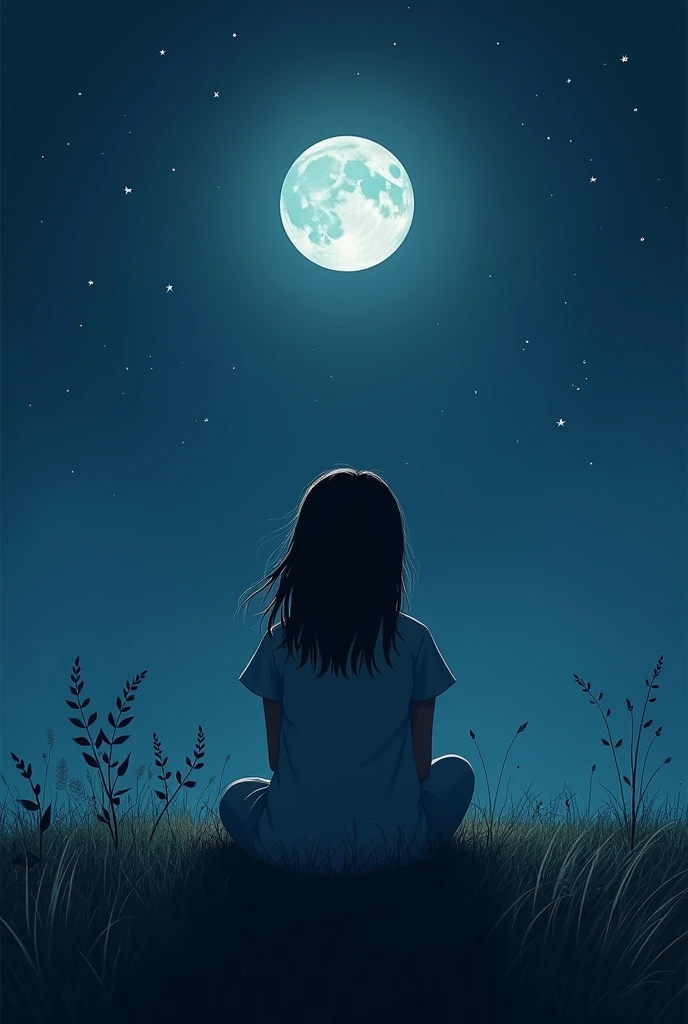 A girl sits on the grass at night and the moon shines