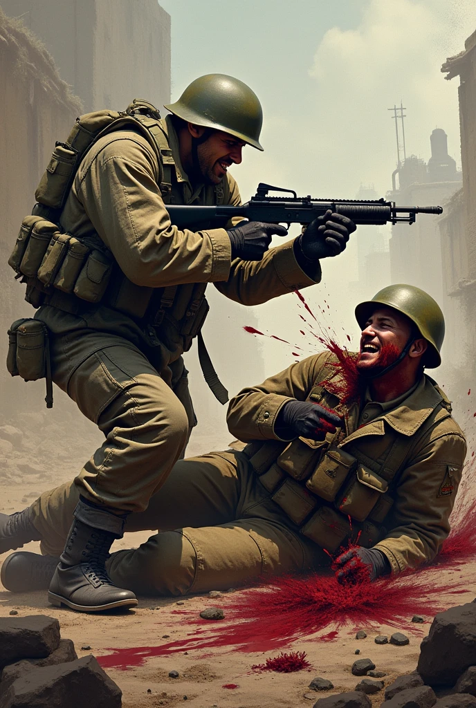Soldier shooting another soldier lots of blood