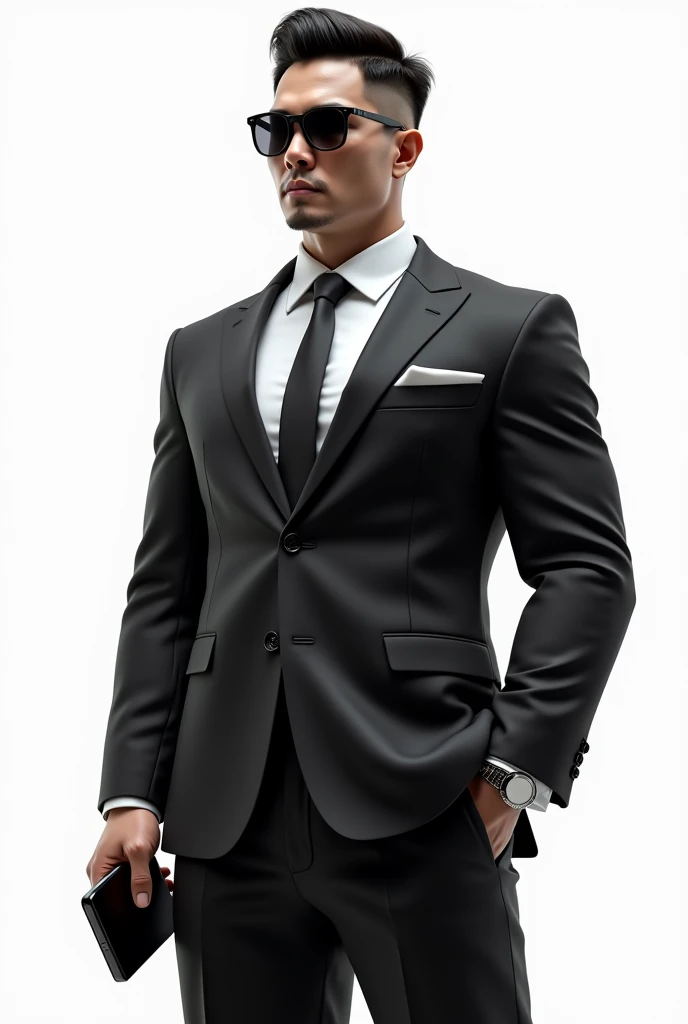 Asian strong buff man(He is strong,buff,confident, wears a suit and sunglasses and look fearless.)hand up phone with white background