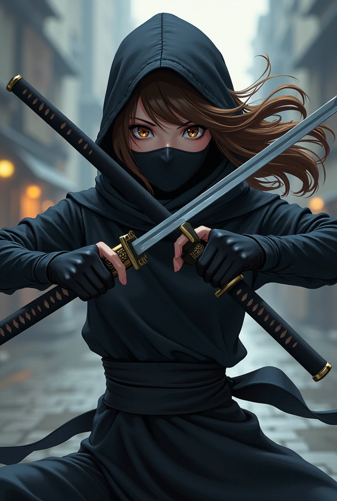 Anime style girl who is a ninja,wear two katanas,wear a ninja outfit and and gloves,has brown hair and wear a mask