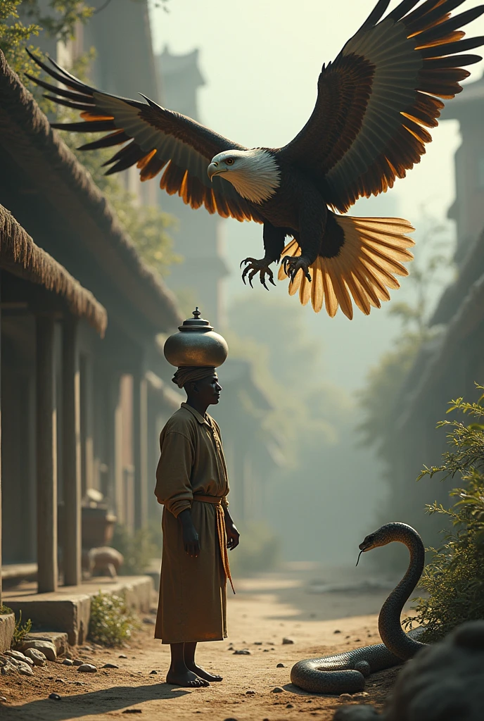 Guests came to a person's house. He sent his servant to fetch milk for them, so that he could make pudding for the guests. The servant was holding the milk pot on his head when an eagle passed by with its claws. I was a snake Generate 3 pic