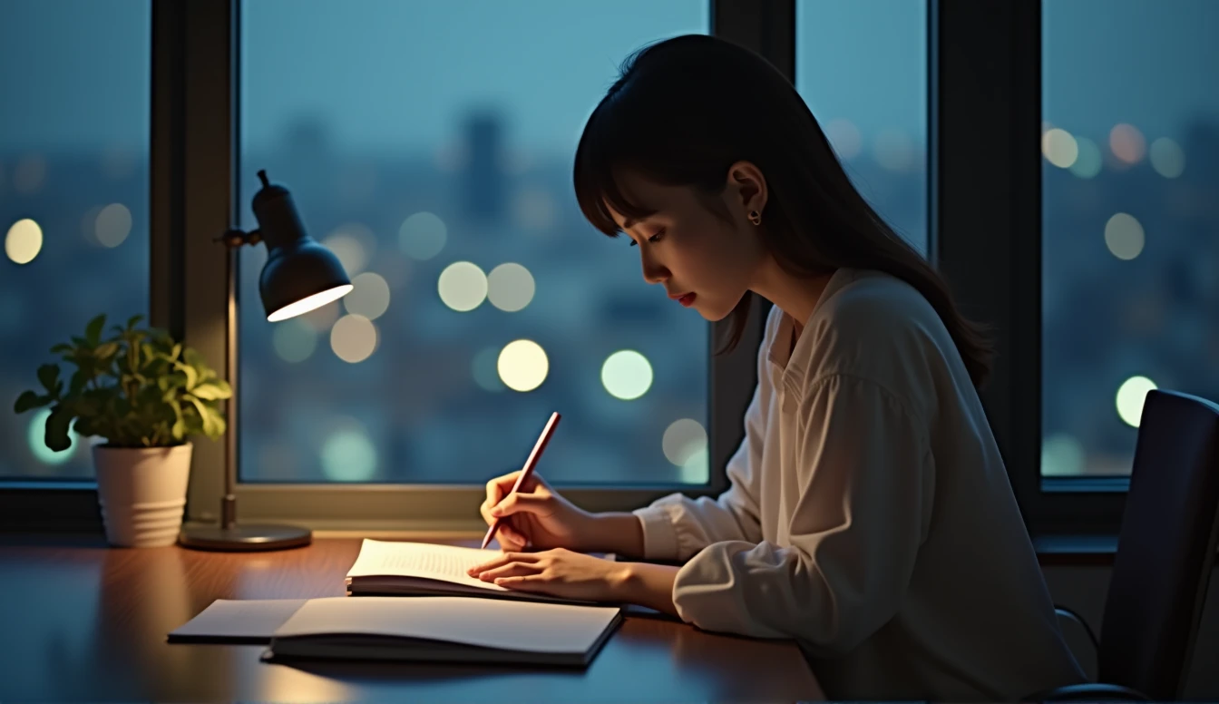This photo was taken from an overhead angle.、beautiful japanese woman、It looks like he is studying hard in his room at night.。She holds a pen in a calm room.、silent々I am confronted with the text。You can see the night view of the city from the window。You can concentrate on your studies in the calm atmosphere of the evening.。