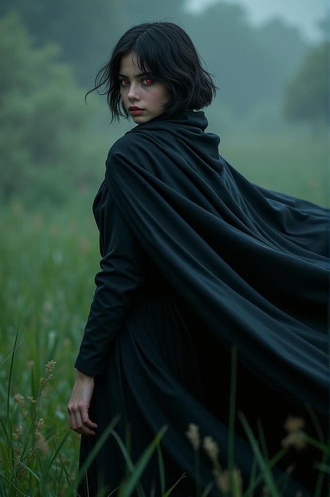 Girl, black short hair, determined face, red glowing eyes, blowing hair, black cloak, grass background