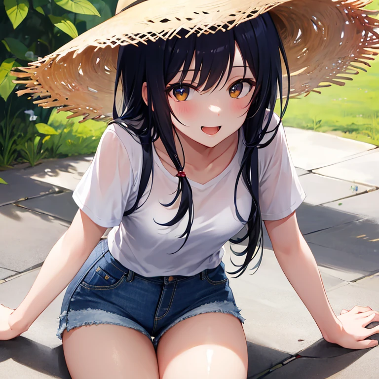 solo, High resolution, Bangs between the eyes, Highest quality, masterpiece, detail, High-resolution model, Ultra high definition, girl,  anime, cute, Shiny Hair, One girl, black Hair/Light black hair, long Hair , fair skin, Gleeful laughter, Shining countenance , 35mm lens, f/1, age 20 , cheerful, shirts + short denim pants, straw hat, summer, hoshino ai , idole