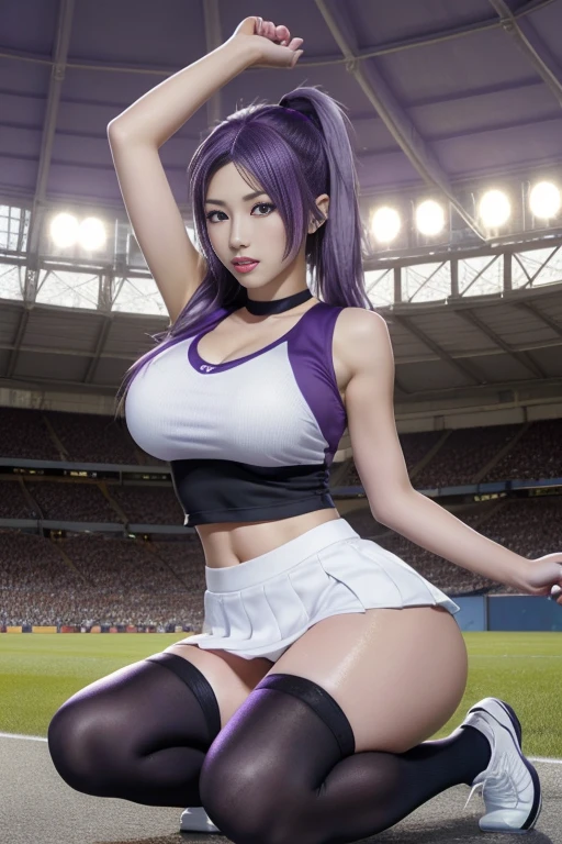((One Cheerleader 1.5)), ((Japanese women in their late 30s)), Cheerleaders at the stadium, ((Black cheerleader uniform 1.3)), ((White mini skirt 1.3)) , (Knee High Socks 1.4), ((Sweaty 1.5)), (((Purple hair 1.6))), Red lips, Shadow Eye, Sexy makeup,(( Beautiful and big breasts 1.1)), Thighs , ((Shiny skin 1.4)), high resolution,(Realistic Photo,Realistic photos), ((Beautiful and slender body)), (Stadium Background), Captivating woman, high quality, Highly detailed skin