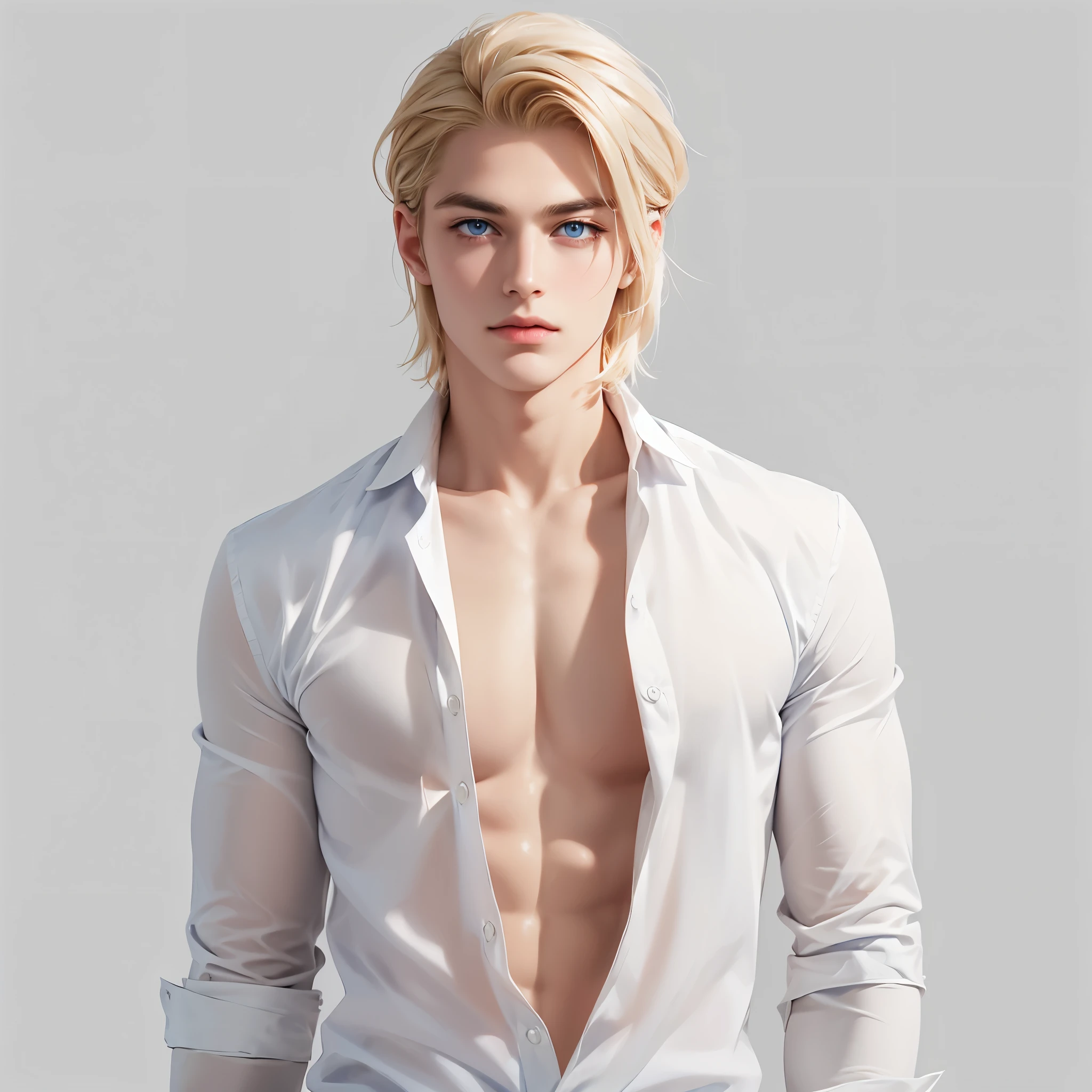 Short blonde shoulder-length hair , blue eyes, male, black background, High Detail,Slicked-back hairstyle,No bangs