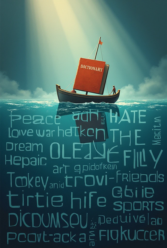 Typography Poster of Dictionary, A small boat carrying a big book labled "Dictionary" is moving through the sea, illuminated by a spotlight, many words floating on the sea, reading "love peace hate war dream hope despair justice truth hypocrisy friendship money art music sports life betrayal regret" with the text arranged to form the sea on the bottom half of the poster
